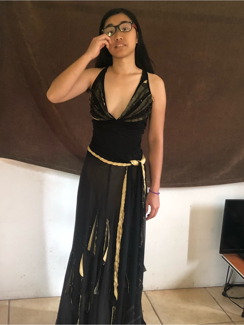Black and Gold Beaded Sleeveless Satin Strap Formal Dress